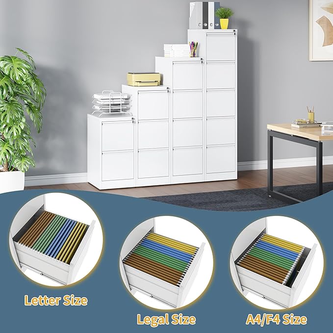 4 Drawer File Cabinet with Lock, Vertical Filing Cabinets for Home Office, Metal Storage Cabinets, Heavy Duty File Cabinet for Letter/Legal/A4/F4 Size Amsseble Required, White