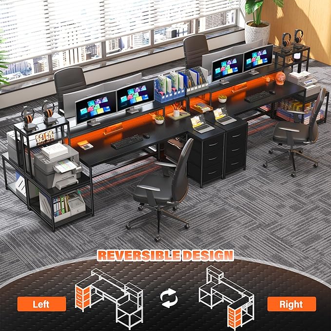 71" L Shaped Gaming Desk with 3 Drawers & Hutch,Computer Desk with Monitor Stand & Power Outlet,Home Office Desk Reversible Black Desk with LED Light,Printer Shelf for Home Office,Black Carbon Fiber