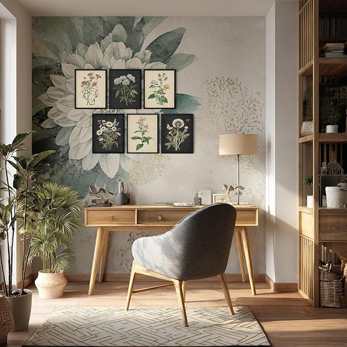 CEXYLVXR 6Pcs Vintage Botanical Wall Art Set Wildflower Herb Canvas Prints Rustic Farmhouse Wall Decor Pictures Dark Botanical Floral Painting for Living Room Bedroom Bathroom (12x16in Poster)