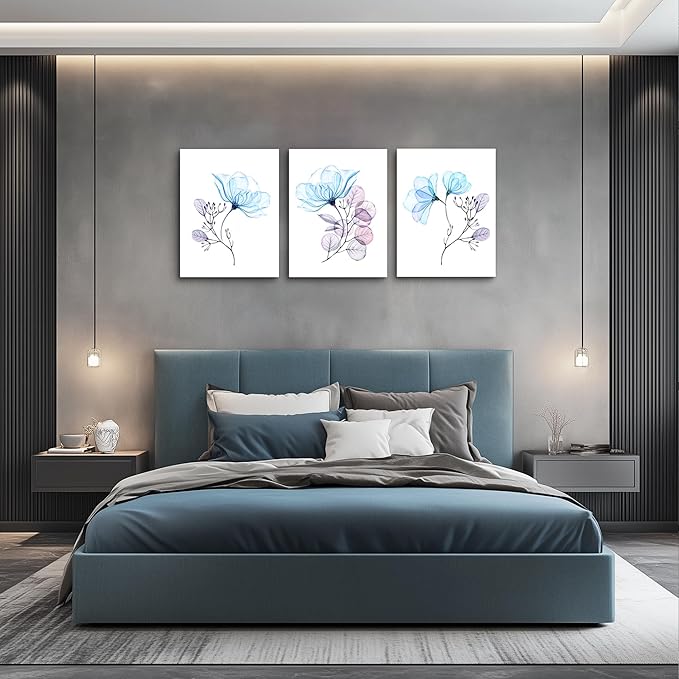 3 Piece Modern Blue Flowers Canvas Wall Art for Bedroom Living Room decor,Bathroom Wall Decor,3 Panels framed Wall Watercolor Painting Kitchen Home Decoration Canvas Print Artwork Wall Mural
