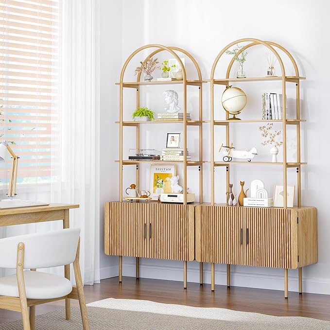 71" Tall Fluted Arched Bookshelf with Doors, Mid Century Modern Metal Bookcase Cabinet with Storage, 4-Tier Industrial Organizer Rack Storage Shelves for Home Office, Living Room (Natural)