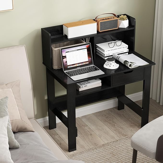 Giantex Computer Desk with Hutch, Home Office Desk with Power Outlets, USB Ports, Type-C, Storage Shelf & Drawer, Modern Laptop PC Table Computer Workstation, Study Writing Desk for Bedroom, Black