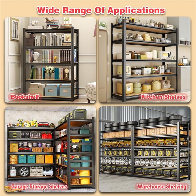 30"W Steel and wood Book Shelf, 5 Tier Wooden Bookcase, 1500LBS Display Shelving, Adjustable Utility Shelf Organizere, Standing Storage Shelves for Study, Bedroom, Living Room and Home Office, Black