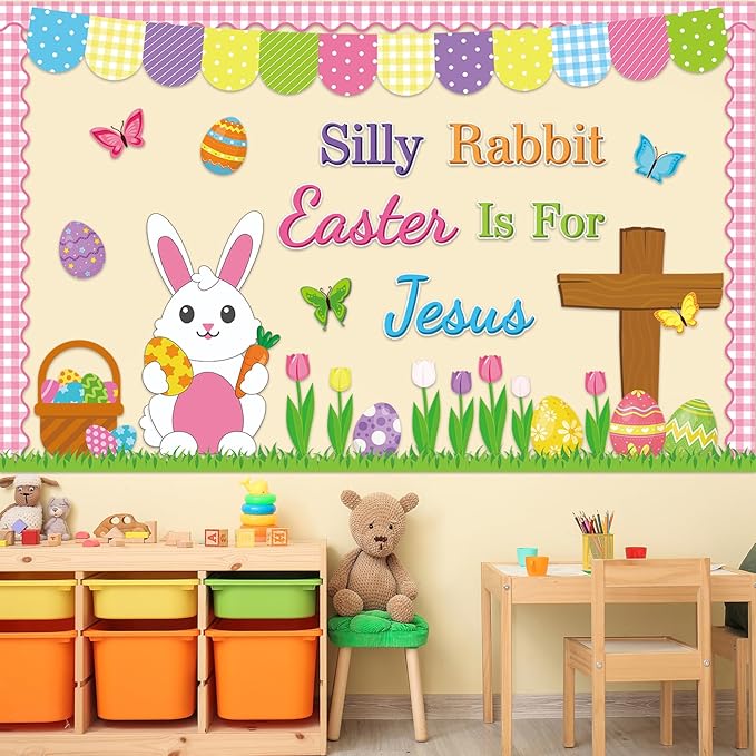 Easter Christian Bulletin Board Decorations Spring Easter Bunny Paper Cutouts Silly Rabbit Easter is for Jesus Religious Bulletin Board for Classroom Bible Sunday School Home Wall Decor Supplies