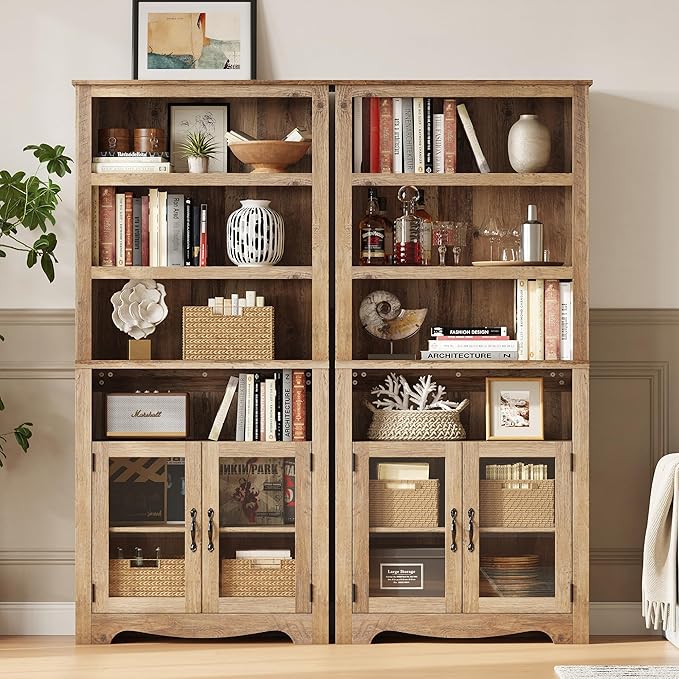 LINSY Bookshelf with Doors, 6 Shelf Bookcase Tall Bookshelves, 73" Farmhouse Book Shelf with Storage Cabinet, Wood Book Shelves for Living Room, Bedroom, Office, Rustic Brown