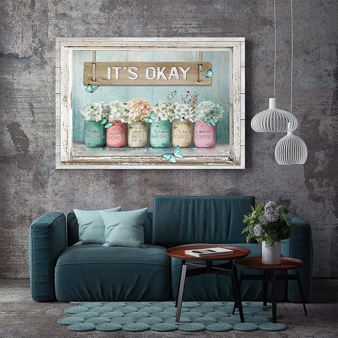 Parylore Inspirational It's Okay Canvas Wall Art Encouraging Bible Verses On Cute Marson Jars and Butterflies Teal Background Artwork for Bedroom Bathroom Office Home Decor 12x16 In