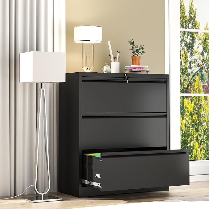 File Cabinet with Lock, 3 Drawer Lateral Filing Cabinet for Home Office, Metal Heavy Duty File Cabinets for Hanging Letter/Legal/F4/A4 Size Files, Assembly Required (Black)