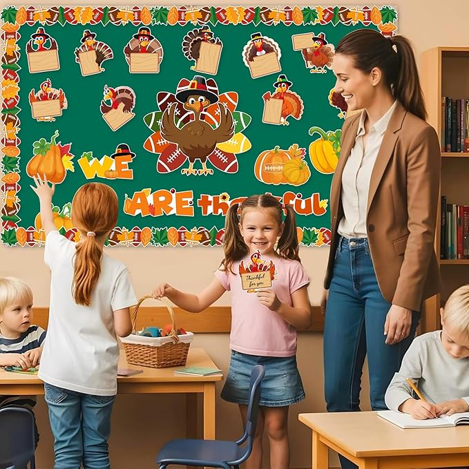 Thanksgiving Bulletin Board Decorations, Fall Classroom Decorations Set, Turkey and Fall Themed Bulletin Boards Decor for Classroom Elementary Middle High School (Football Turkey)
