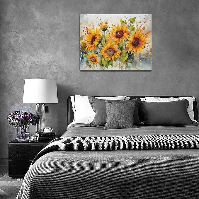 yerretin Sunflower Wall Art Watercolor Pictures Wall Decor Rustic Sunflower Canvas Farmhouse Print Artwork Home Decorations for Living Room Bedroom Bathroom Office Framed 16"x12"