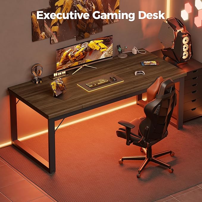 Mericonia 63 Inch Large Computer Desk with Power Outlets, 1.2" Thick Heavy Duty Industrial Office Desk, Modern Simple Study Writing Table for Home Office Bedroom Workstation, Walnut