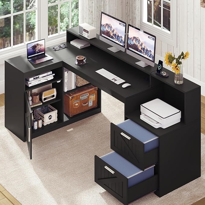 TVU Farmhouse L Shaped Desk with Drawers, 62.2" Home Office Desk with Storage Shelves and Power Outlet, L Shaped Computer Desk with Monitor Stand and Printer Shelf, Black