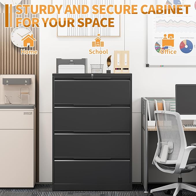 4-Drawer Metal File Cabinet with Lock,Steel Printer Stand with Storage for Home Office,Lateral Filing Cabinet for Legal/Letter/A4 Files,Assembly Required(35.43''W-4 Drawers,Black)