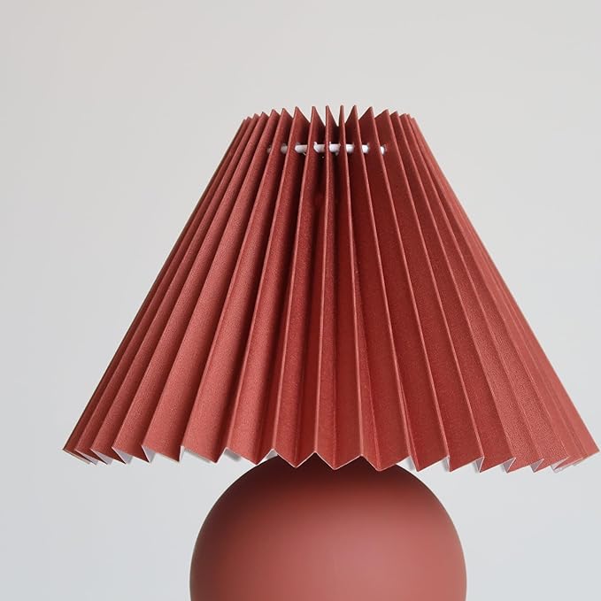 Brightech Serena LED Table Lamp - Small 10" Modern Ceramic Lamp with Pleated Shade for Bedside, Nightstand, Desk - Mini Night Light with Cozy Soft White Light for Living Room, Bedroom - Maroon Red