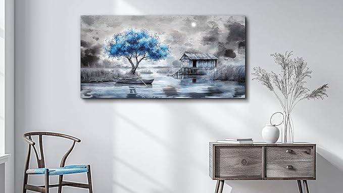 QIYILEXWART Canvas Wall Art For Living Room Wall Decor For Bedroom Office Wall Decorations The Blue Tree Painting The Hut Pictures Artwork Room Aesthetic Home Decor Ready To Hang