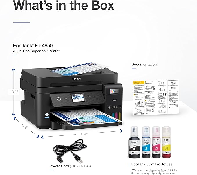 Epson EcoTank ET-4850 Wireless All-in-One Cartridge-Free Supertank with Scanner Copier, Fax, ADF and Ethernet, The Perfect Office Printer - Black (Renew) (Renewed)