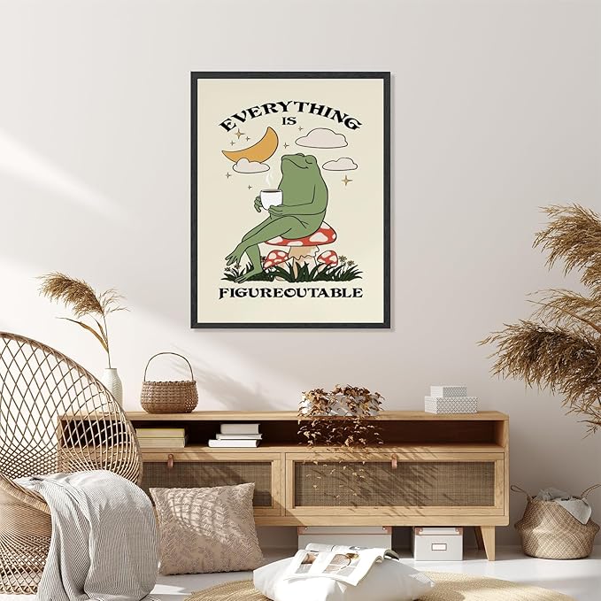 Everything Is Figureoutable Motivational Wall Art Funny Frog Coffee Inspirational Poster Positive Quote Daily Reminder Canvas Print Affirmation Wall Decor for Home Office 16x24inch Black Framed