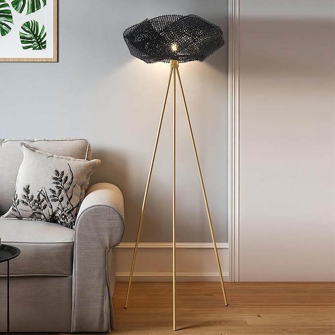 Bamboo Tripod Floor Lamp, Handwoven Lotus Shade Standing Lamp, Boho Natural Woven Light with Black Metal Stand for Living Room Bedroom