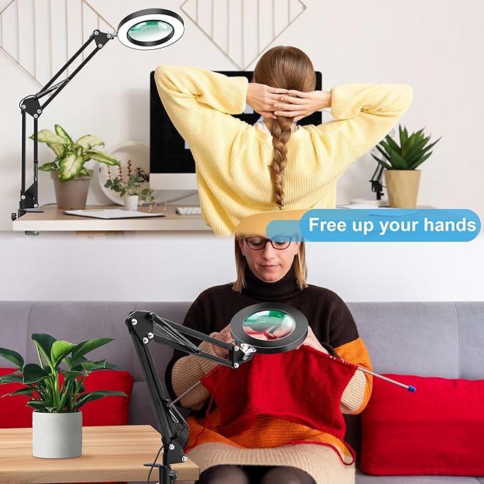 10X Magnifying Glass with Light and Clamp, Real Glass LED Lighted Magnifier, 3 Color Modes 10 Level Dimmable, Magnifying Lamp with Clamp for Reading Craft Hobby Close Work, Black