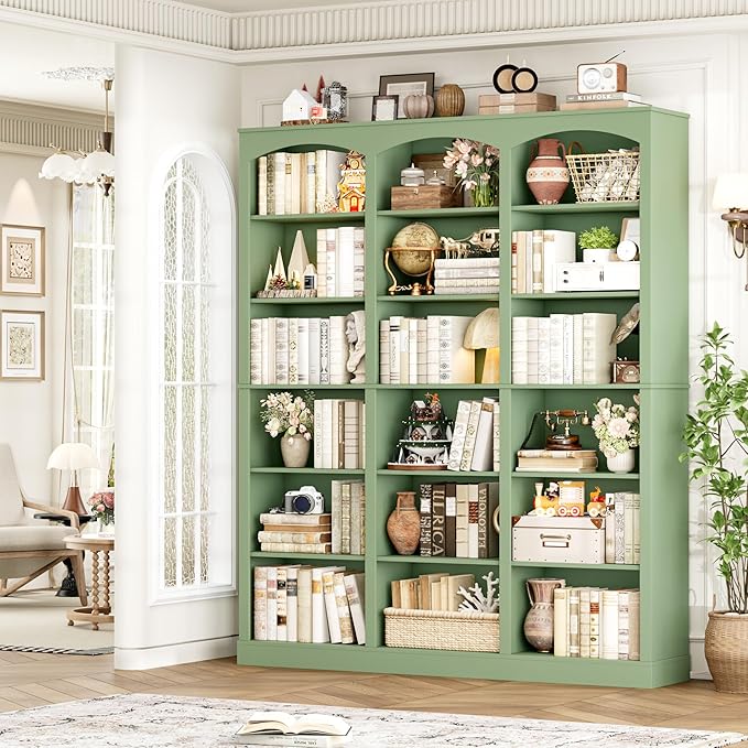 FACBOTALL 71" Triple Wide Bookshelf, 6 Tier Tall Bookshelf, Large Arched Bookcase with Curved Baffle, 63.4" Wide Book Shelf with 18 Open Display Shelves for Living Room, Study, Green