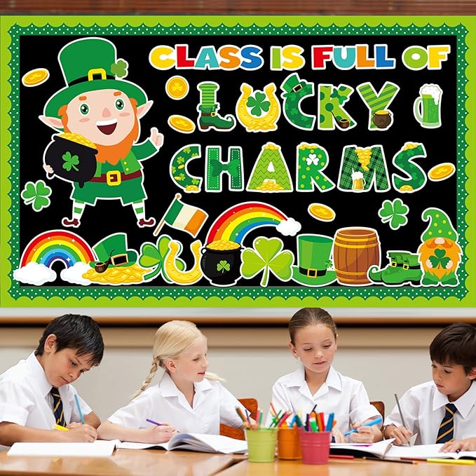 St. Patrick's Day Bulletin Board Set Lucky Shamrock Classroom Decoration Leprechaun Gold Coin Jar Bulletin Board Luck Shamrock Irish Clover Paper Cutouts for School Classroom Chalkboard Wall Decor