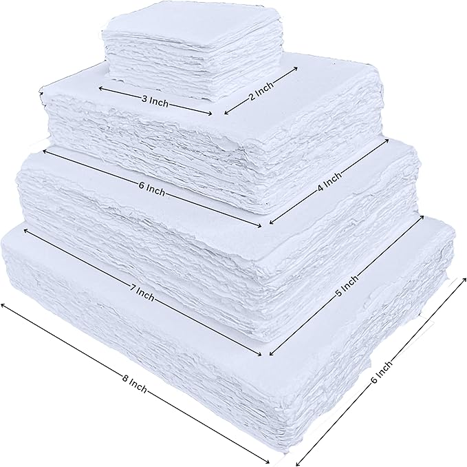 Handmade White Deckle Edge Blank Paper - 2x3 Inch Package of 50 - Mixed Media Loose Leaf Paper for Placecards, Vow Cards, Thick 150 GSM