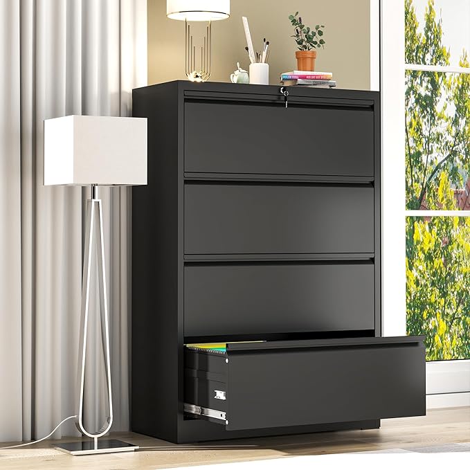 File Cabinet with Lock, 4 Drawer Lateral Filing Cabinet for Home Office, Metal Heavy Duty File Cabinets for Hanging Letter/Legal/F4/A4 Size Files, Assembly Required (Black)