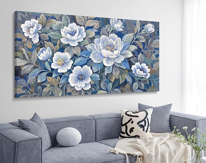 amatop Large Wall Art Abstract Floral Canvas Wall Decor Blue White And Gray Picture Natural Botanical Artwork For Living Room Bedroom Office Dining Room Hallway 48X24