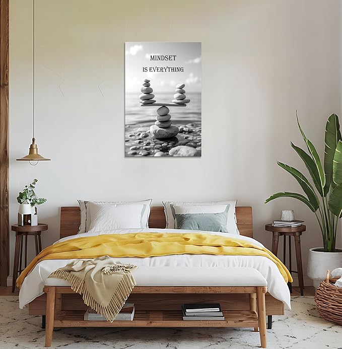 YIOZHAOFH Mindset Wall Art for Zen Office Inspirational Pictures Wall Decor Motivational Quotes Canvas Art Black and White Landscape Nature Print Poster Painting Framed for Meditation Spa Room Bedroom (28L x 44W)