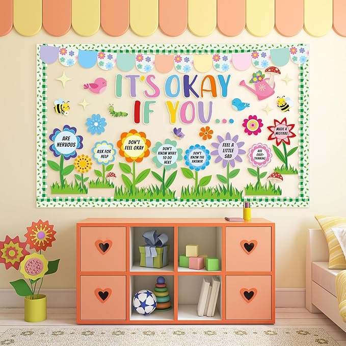 Spring Mental Health Bulletin Board Set Bloom Flower Classroom Decoration Inspirational Positive Affirmations Station Bulletin Board Cutouts for Motivational Office School Home Chalkboard Wall Decor