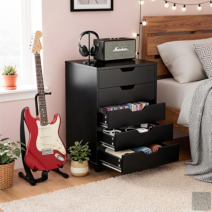 VINGLI 5 Drawers Mobile File Cabinet with Wheels, Under Desk Storage Organization, Vertical Filing Chest Rolling Wood Small Desk Printer Stand for Home Office, 19" W × 15.8" D × 25.6" H, Black