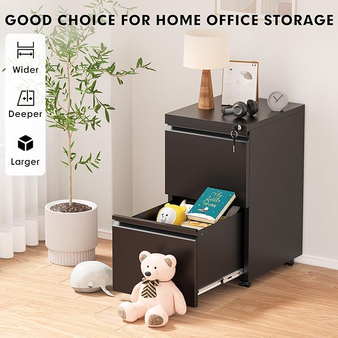Pataku 2 Drawer File Cabinet, Small File Cabinets with Lock, Metal Rolling Filing Cabinet with 2 Drawer, Filing Cabinets for Home Office Fit A4/Letter/Legal, Easy Assembled, Black
