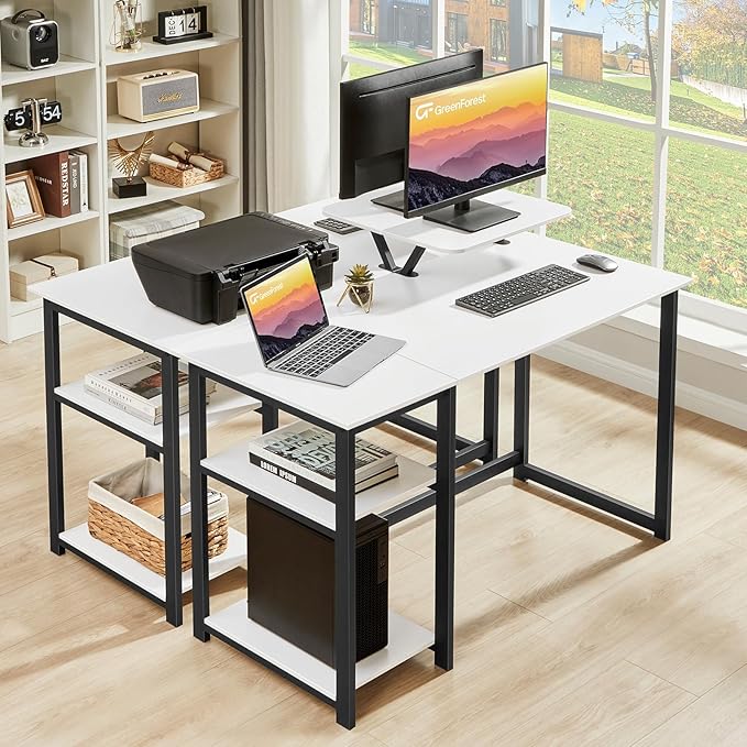 GreenForest Computer Desk with Monitor Stand,47 inch Home Office Desk with Reversible Storage Shelves,Modern Writing Desk Study PC Laptop Work Table,White