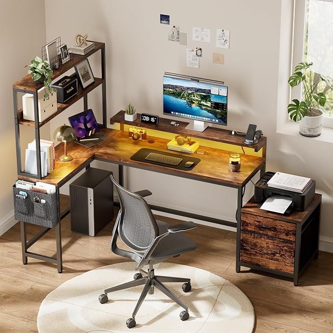 REAHOME 70 Inch L Shaped Desk with File Drawers and Reversible Storage Shelves, Computer Desk with Power Outlet & LED Strip, Home Office Desks, Writing Study Desk for Bedroom, Rustic Brown