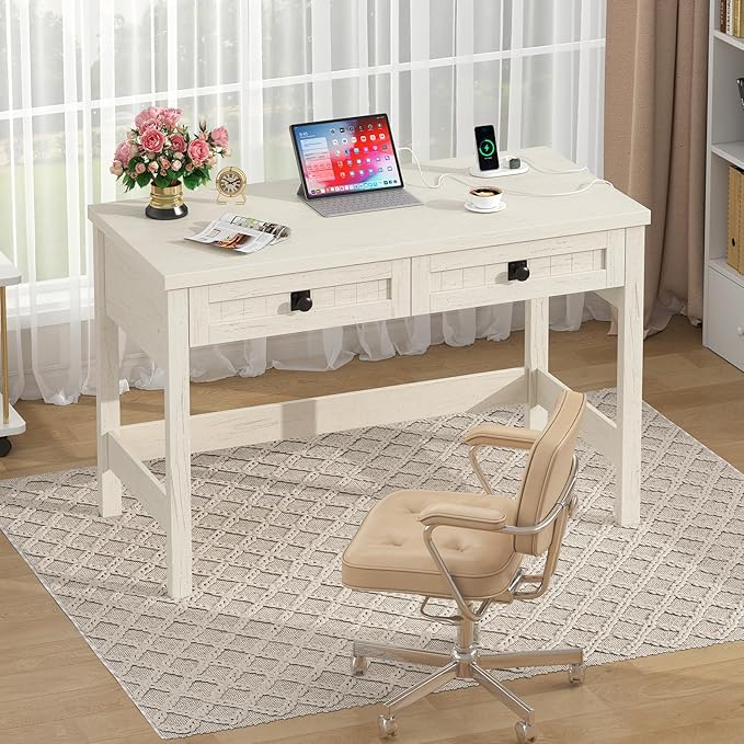 Farmhouse Computer Desk with 2 Drawers, 39 Inch Small Office Computer Desk with Power Outlets, Compact Writing Study Vanity Desk for Small Spaces, White