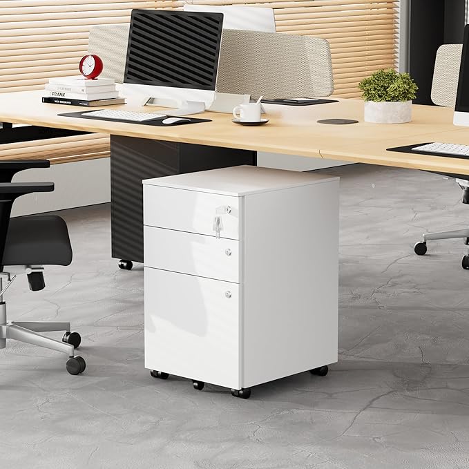 Mobile File Cabinet with 3 Locks, 3 Drawer File Cabinets for Home Office, Under Desk Metal Filing Cabinet for A4/Letter/Legal, Lockable, Fully Assembled Except castors, White