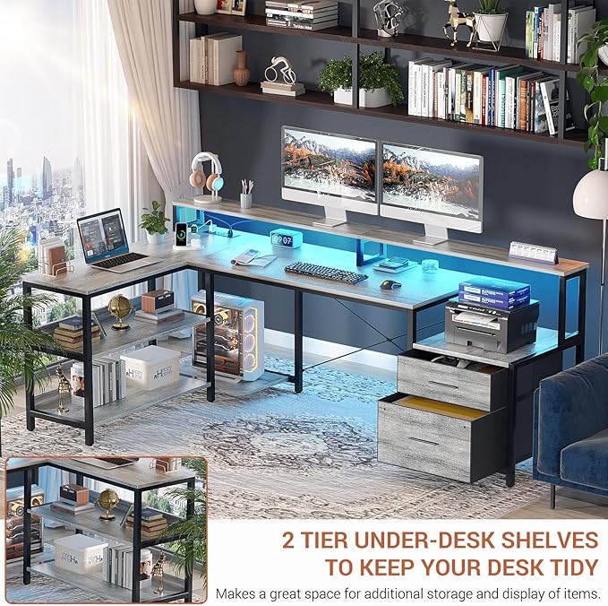 Aheaplus L Shaped Desk with File Drawer, 66" Reversible L Shaped Computer Desk with Power Outlet & LED Strip, Gaming Desks with Monitor Stand, Office Desk Corner Desk with Storage Shelf, White Oak
