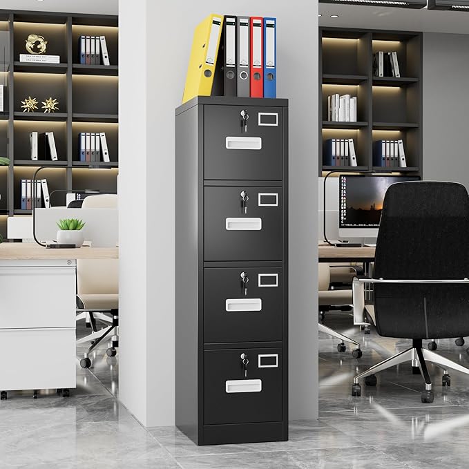 Metal Vertical File Cabinet with Lock,File Storage Cabinet with 4 Drawer for Letter,Legal,F4,A4,14.96" W x 17.72" D x 55.2" H, Assembly Required,Black