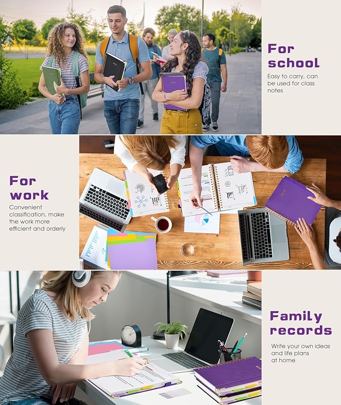 Hardcover Spiral Notebook 8.5"x11" Journal with Removable Dividers Tabs, 300 Pages Leather 5 Subject Notebook College Ruled, Large Notebooks for Work School, Lined Journal for Women, A4 Dark Purple
