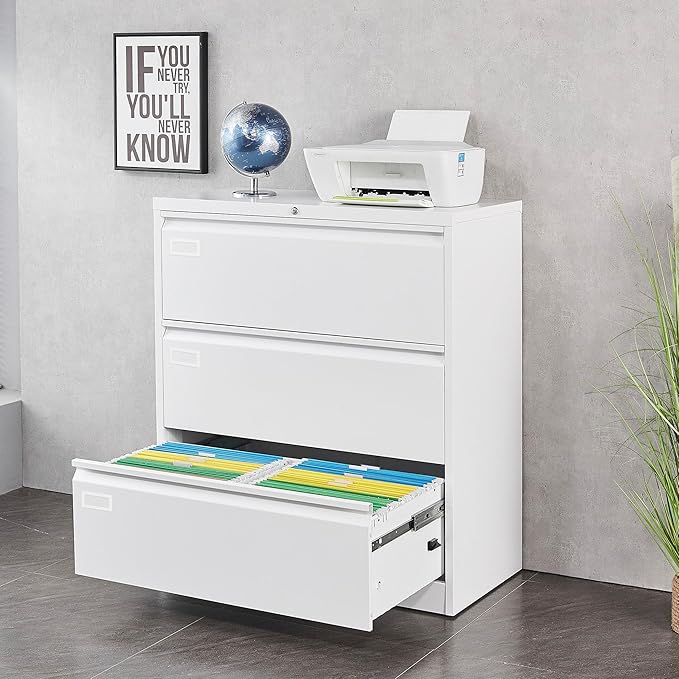 3 Drawer Filing Cabinet, Black Lateral File Cabinet with Lock, Lockable Metal File Cabinet for Home Office, Office File Cabinets for Legal/Letter/A4/F4 Size with Hanging Files&Key (White(3 Drawer))