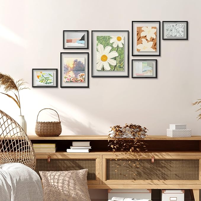 Golden State Art Black Floating Frame for One 14x11, Two 8x10, Four 5x7 Pictures, Clear Glass, Wall Decoration, 7 Pieces