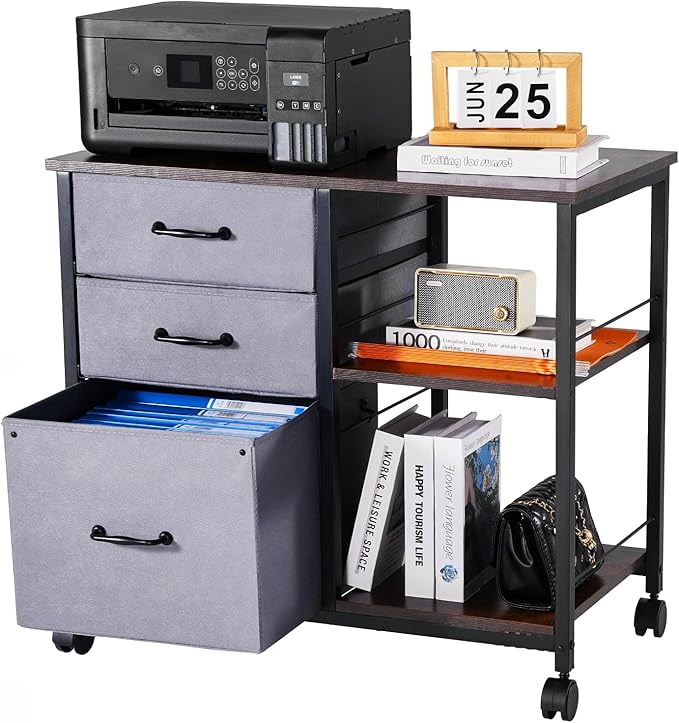 VEVOR Metal File Cabinet, Mobile Filing Cabinet with 3 Fabric Drawers and 2 Open Shelves, Wooden Vertical Filing Storage Cabinets with Wheels for Letter, A4, Legal Size File, Easy Assembly, Brown