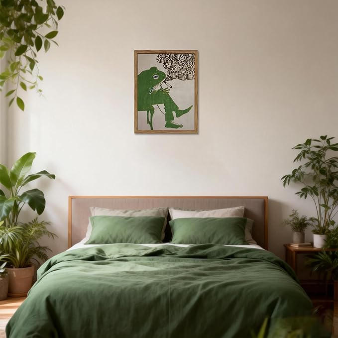 Vintage Frog Wall Art, Funky Eclectic Canvas Wall Decor, Retro Whimsical Japanese Picture Painting, Moody Animal Artwork Print Poster for Living Room Bedroom Office 16x24 Inch Framed