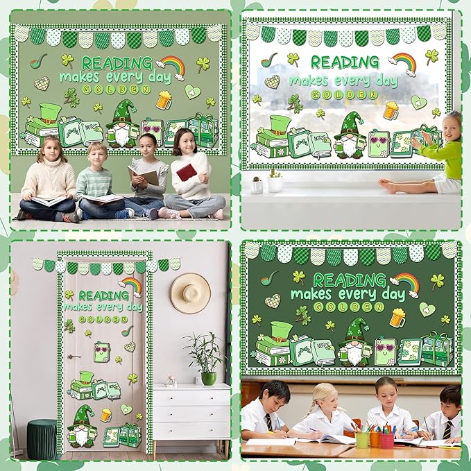 St. Patrick's Day Reading Bulletin Board Set Motivational Reading Classroom Decoration St. Patrick Bulletin Board Lucky Shamrock Gnomes Cutouts for Irish Holiday Home Classroom Chalkboard Wall Decor