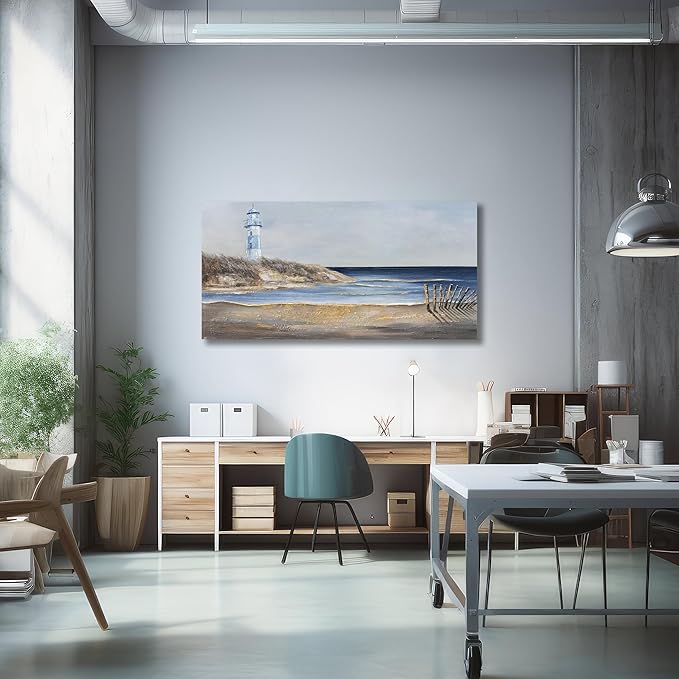 Yuaxker Ocean Wall Art Blue and Gold Modern Wall Decor Ocean Beach and Beacon Landscape Canvas Painting Artwork for Living Room Bedroom Bathroom Office 24x48 inch