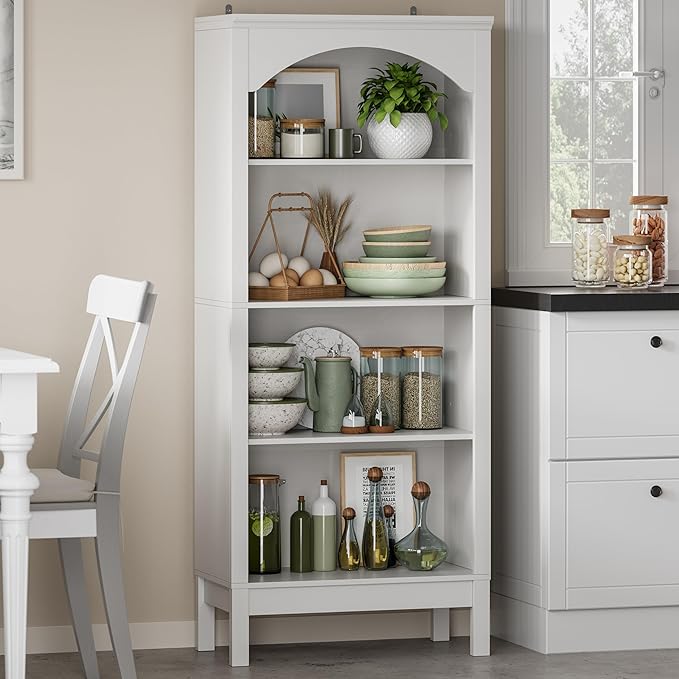 Arched Bookshelf with 4 Tier Open Shelves, 56" Tall Wood Bookcase with Adjustable Shelves, 24" Wide Floor Standing Display Storage Shelf for Home Office, Kitchen, Study and Living Room, Modern White