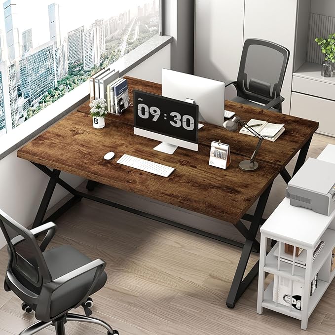 IBF 55 inch Computer Desk, Farmhouse Home Office Desk, Industrial Wood Metal Legs Work Desk for Writing Study, Vintage Minimalist Laptop Executive Workstation PC Gaming Table in Bedroom, Rustic Brown