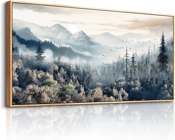 hyidecorart Fog Forest Landscape Wall Paintings Wood Framed Wall Art For Living Room Large Abstract Canvas Wall Decor For Office Modern Bedroom Home Decoration Stretched and Framed Pictures Artwork