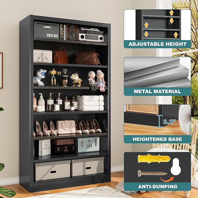 Bookcase,7 Tier Bookshelf,55" Tall Free Standing Metal Bookcase with Adjustable Storage Shelves,Wide Bookshelf for Bedroom Living Room Home Office School (Black, 7 Tier 55"H x 27.5"W x 11.8"D)