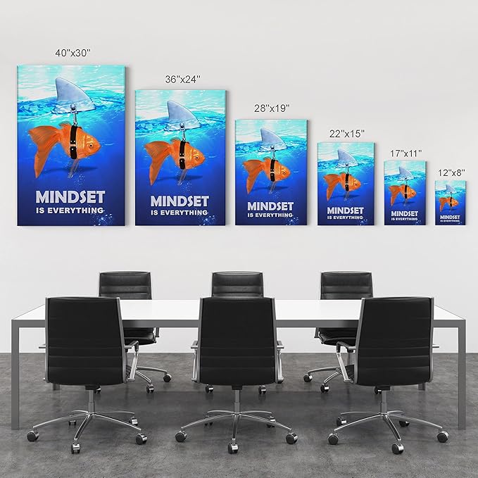 Smile Art Design Mindset is Everything Fish vs Shark in Ocean Motivational Wall Art Canvas Print Inspirational Wall Art Entrepreneur Quote Office Living Room Decor Gift Ready to Hang 22x15