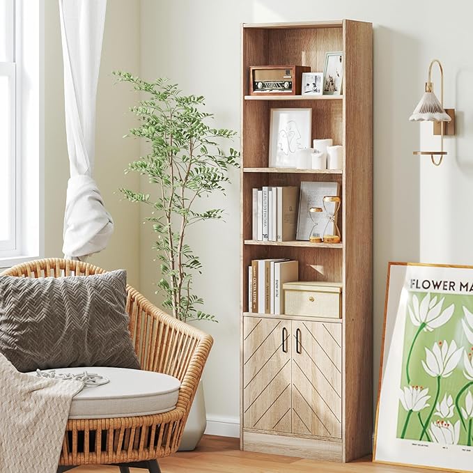 Giantex 6-Tier Bookshelf with Doors Set of 2, 71" Tall Bookcase w/ 4 Open Cubes & 3 Adjustable Shelves, Mid Century Display Cabinet, Modern Floor Storage Organizer for Living Room, Study, Oak